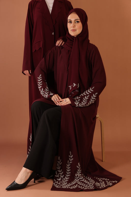 ANNABI DUO — embellished abaya set in burgundy